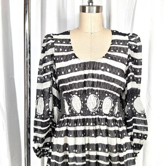 Cynthia Rowley Sicily Silk Wrap Dress Black White Smocked Waist Cap Sleeve Size - Picture 4 of 13